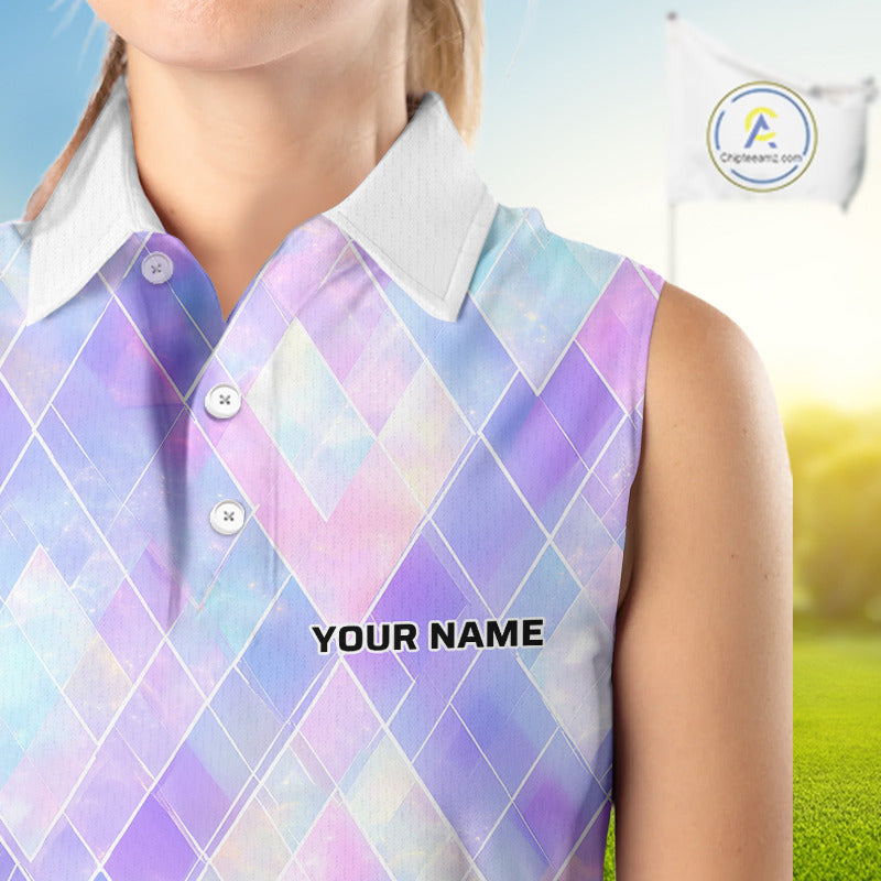 Violet And Blue Square Pattern Sleeveless Golf Polo Shirt Custom Name Golf Tops