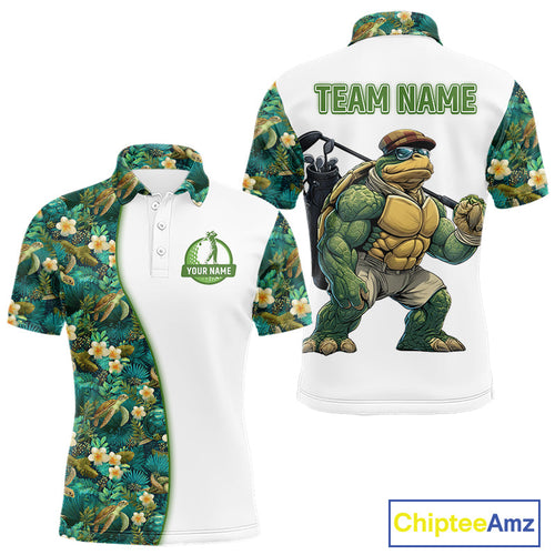 Funny Golf Polo Shirt Custom Green Tropical Leaf Pattern Personalized Turtle Golf Shirts