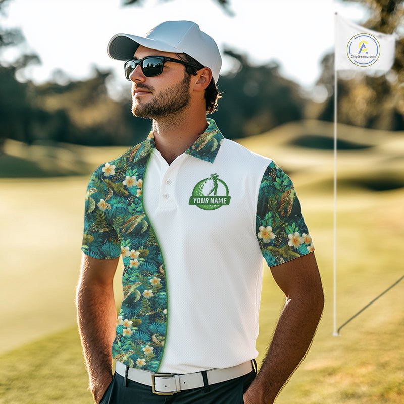 Funny Golf Polo Shirt Custom Green Tropical Leaf Pattern Personalized Turtle Golf Shirts