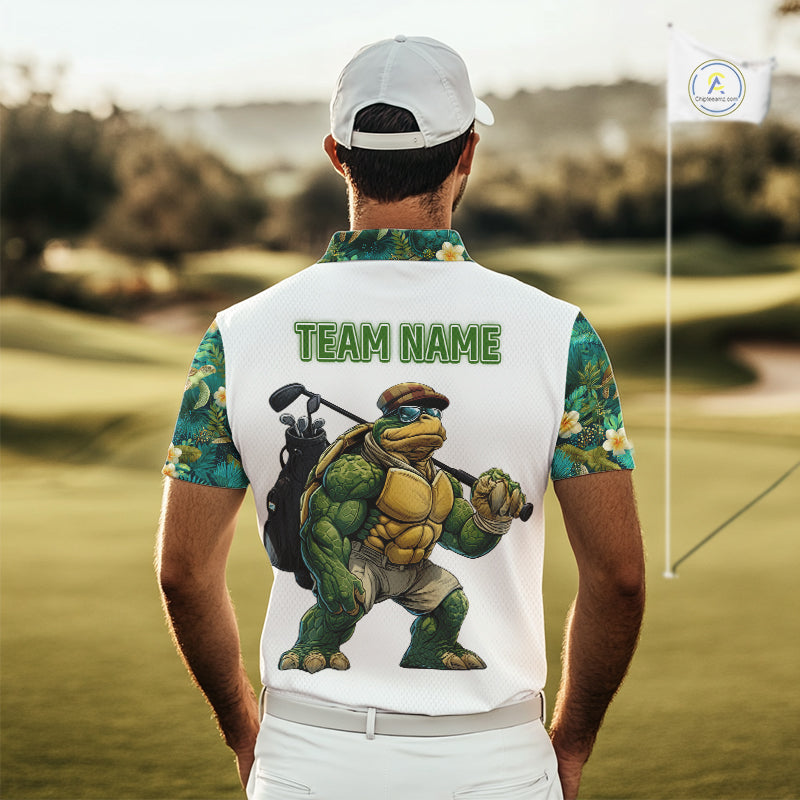 Funny Golf Polo Shirt Custom Green Tropical Leaf Pattern Personalized Turtle Golf Shirts
