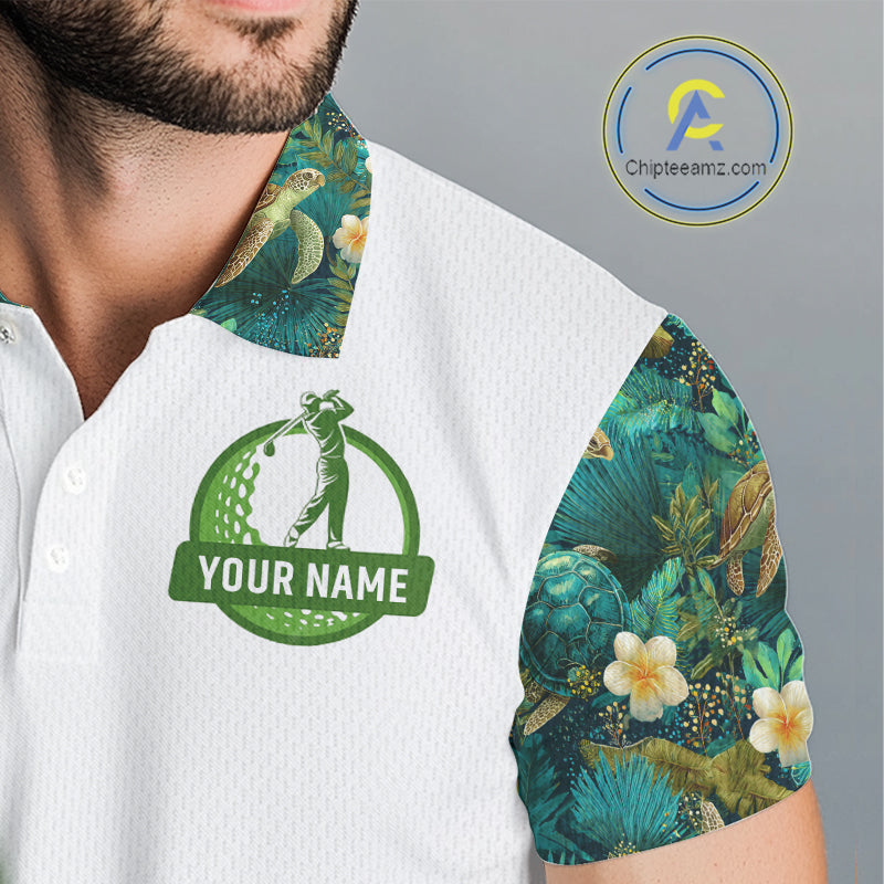 Funny Golf Polo Shirt Custom Green Tropical Leaf Pattern Personalized Turtle Golf Shirts
