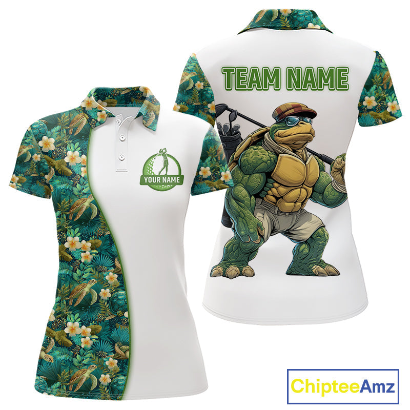 Funny Golf Polo Shirt Custom Green Tropical Leaf Pattern Personalized Turtle Golf Shirts