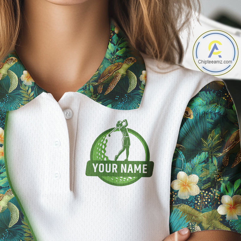 Funny Golf Polo Shirt Custom Green Tropical Leaf Pattern Personalized Turtle Golf Shirts