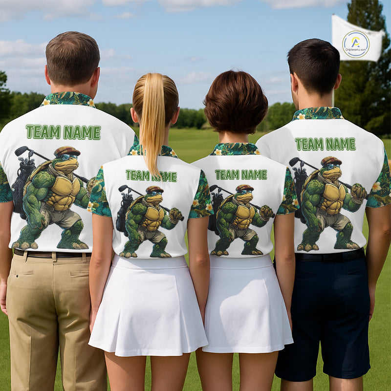 Funny Golf Polo Shirt Custom Green Tropical Leaf Pattern Personalized Turtle Golf Shirts