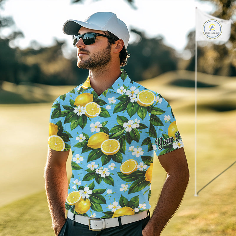 Funny Golf Polo Shirts Custom Blue Lemon Tree Pattern Golf Top, Golf Gifts