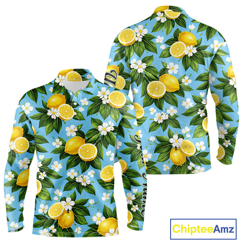 Funny Long Sleeve Golf Polo Shirt Custom Blue Lemon Tree Pattern Golf Top, Golf Gifts