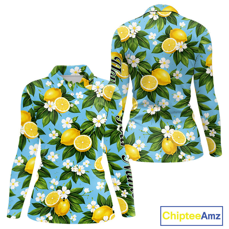 Funny Long Sleeve Golf Polo Shirt Custom Blue Lemon Tree Pattern Golf Top, Golf Gifts