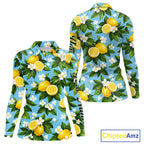 Funny Long Sleeve Golf Polo Shirt Custom Blue Lemon Tree Pattern Golf Top, Golf Gifts