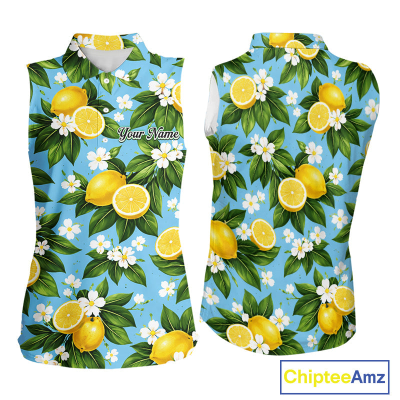 Funny Sleeveless Golf Polo Shirt Custom Blue Lemon Tree Pattern Golf Top, Golf Gifts