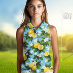 Funny Sleeveless Golf Polo Shirt Custom Blue Lemon Tree Pattern Golf Top, Golf Gifts