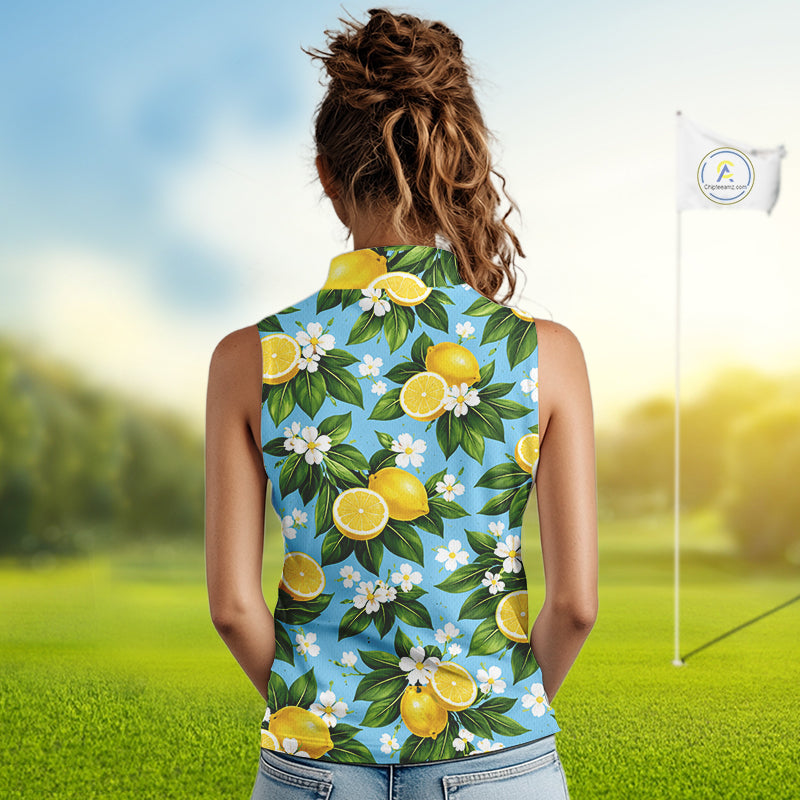 Funny Sleeveless Golf Polo Shirt Custom Blue Lemon Tree Pattern Golf Top, Golf Gifts