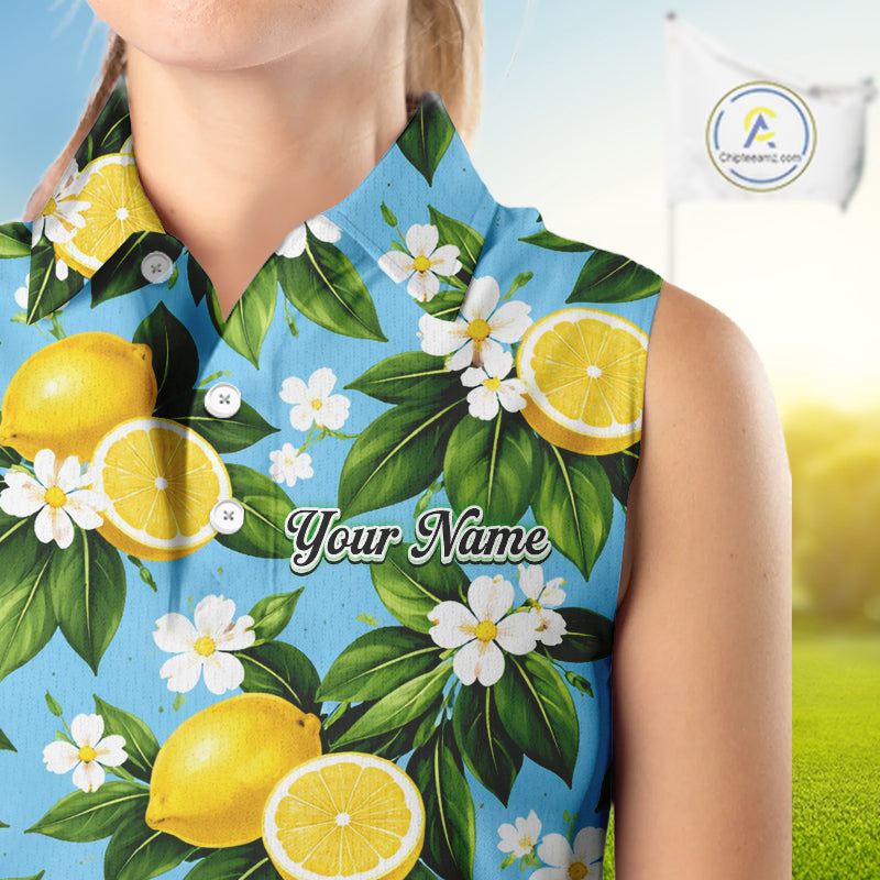 Funny Sleeveless Golf Polo Shirt Custom Blue Lemon Tree Pattern Golf Top, Golf Gifts