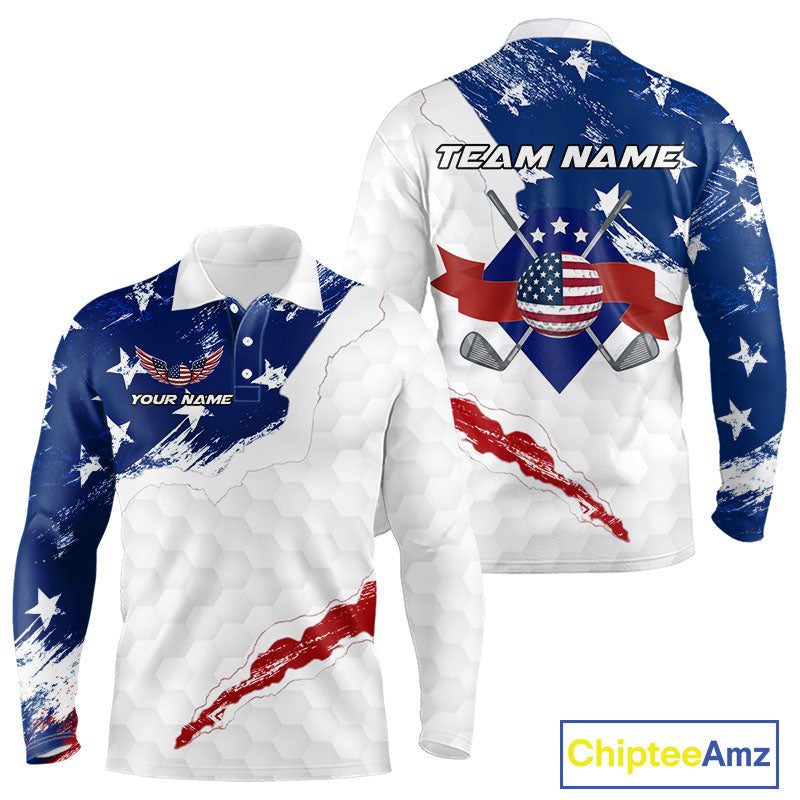 American Flag Long Sleeve Polo Golf Shirt Custom Patriotic Team Golf Shirts Golf Gifts