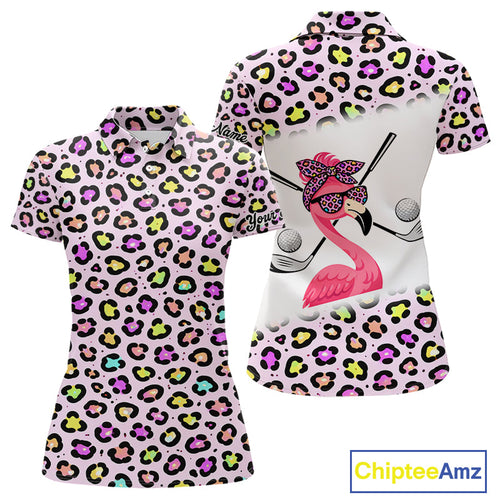Funny Flamingo Golf Polo Shirt Custom Colorful Neon Rainbow Leopard Pattern Team Golf Polo Gift