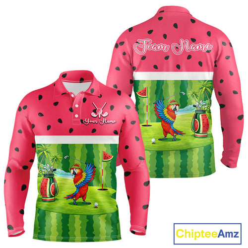 Funny Long Sleeve Golf Polo Shirt Custom Watermelon Tropical, Parrot Golf Shirts For Team
