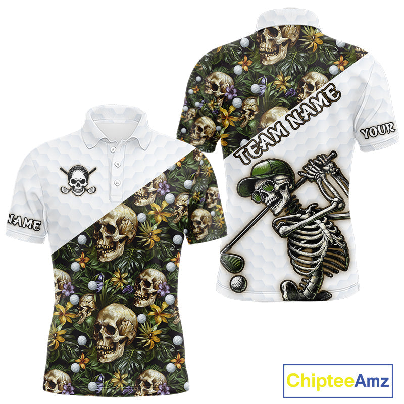 Funny Golf Polo Shirts Custom Green Tropical Leaf Pattern Personalized Skull Golf Shirts