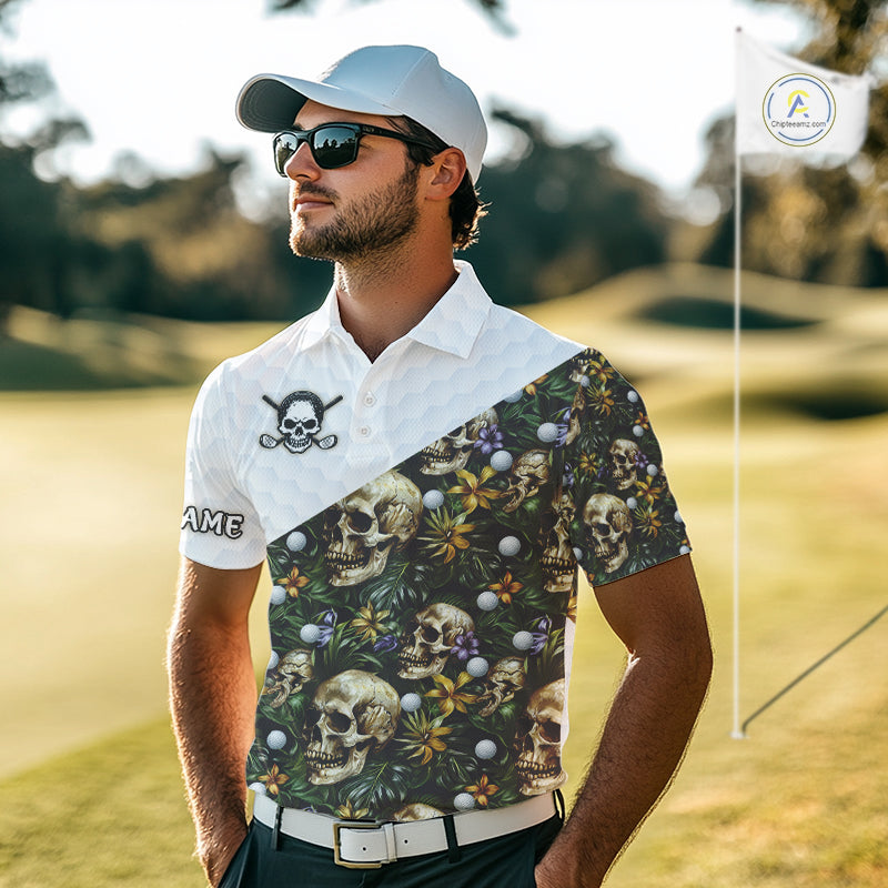 Funny Golf Polo Shirts Custom Green Tropical Leaf Pattern Personalized Skull Golf Shirts