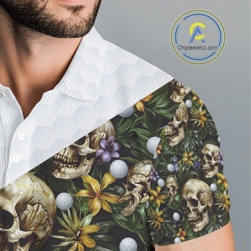 Funny Golf Polo Shirts Custom Green Tropical Leaf Pattern Personalized Skull Golf Shirts