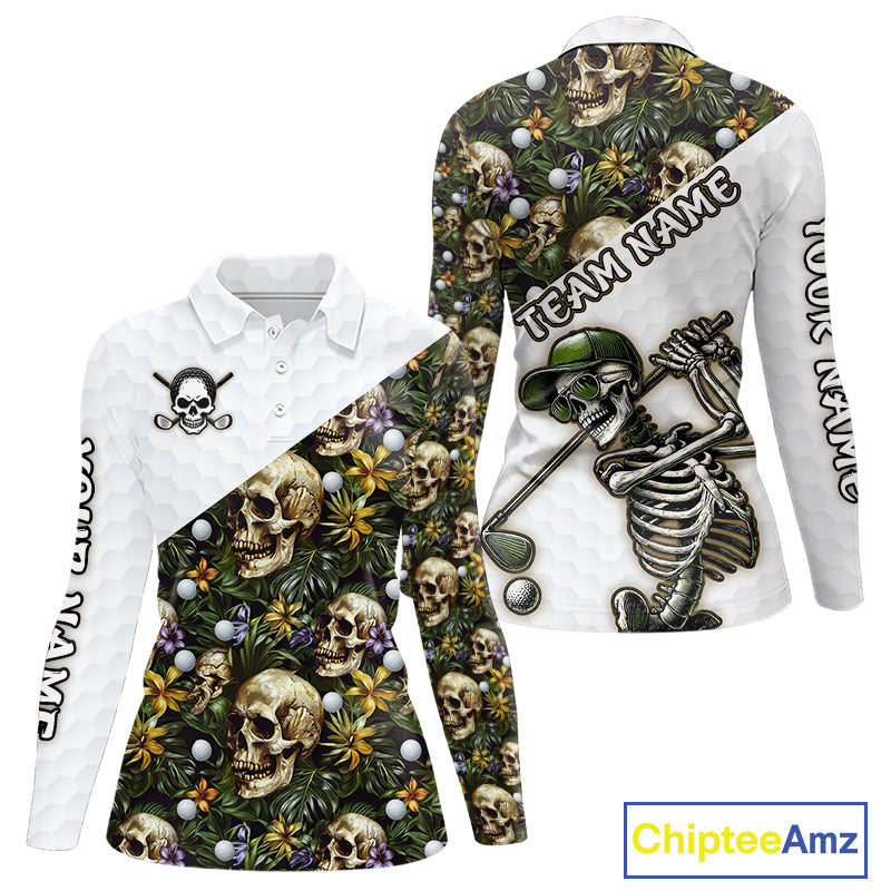 Funny Long Sleeve Golf Shirts Green Tropical Pattern Golf Ball Custom Skull Golf Shirts
