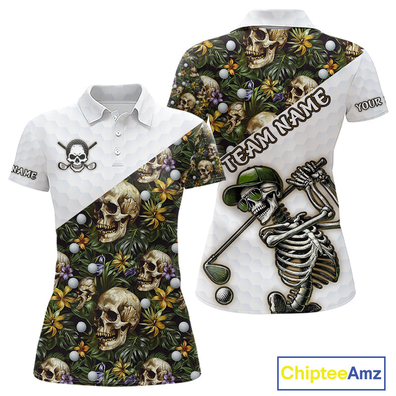 Funny Golf Polo Shirt Custom Green Tropical Pattern Golf Ball Personalized Skull Golf Shirts