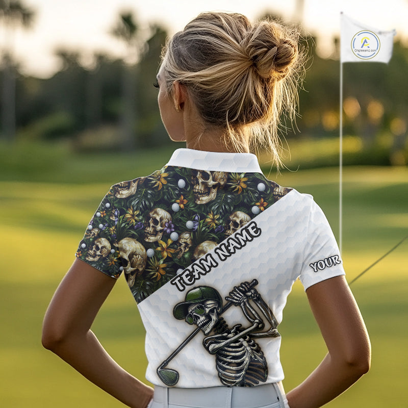 Funny Golf Polo Shirt Custom Green Tropical Pattern Golf Ball Personalized Skull Golf Shirts