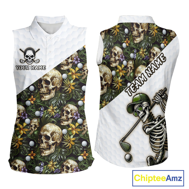 Funny Sleeveless Golf Polo Shirts Custom Green Tropical Pattern Personalized Skull Golf Shirts