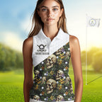 Funny Sleeveless Golf Polo Shirts Custom Green Tropical Pattern Personalized Skull Golf Shirts