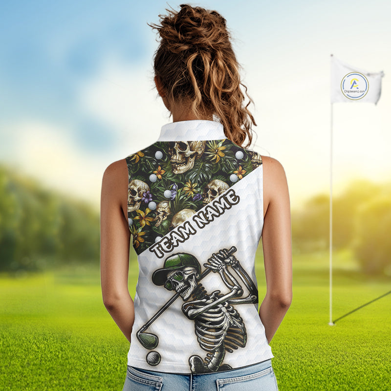 Funny Sleeveless Golf Polo Shirts Custom Green Tropical Pattern Personalized Skull Golf Shirts