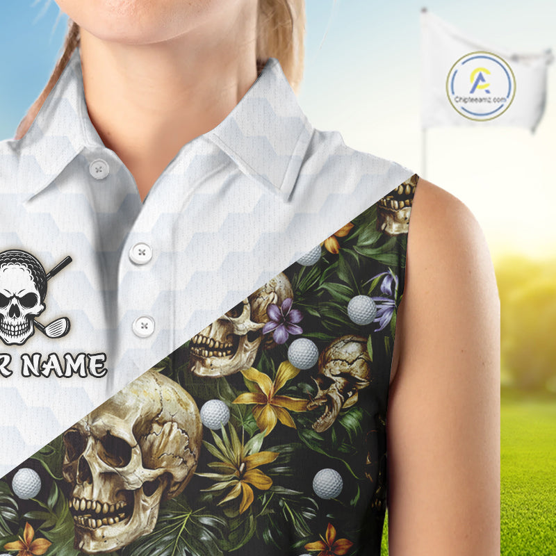 Funny Sleeveless Golf Polo Shirts Custom Green Tropical Pattern Personalized Skull Golf Shirts
