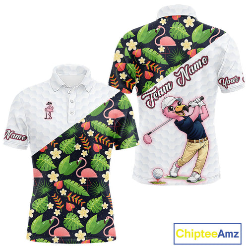 Funny Flamingo Golf Polo Shirt Custom Colorful Floral Flamingo Pattern, Tropical Team Golf Polo