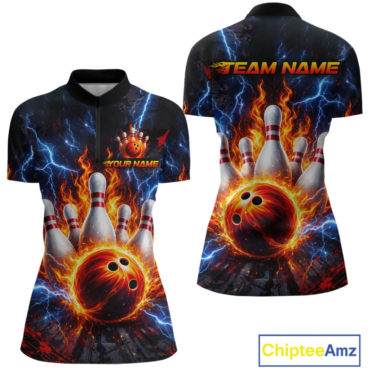 Flaming and Lightning Bowling Shirts for Team Bowling Polo & 1/4 Zip Shirt