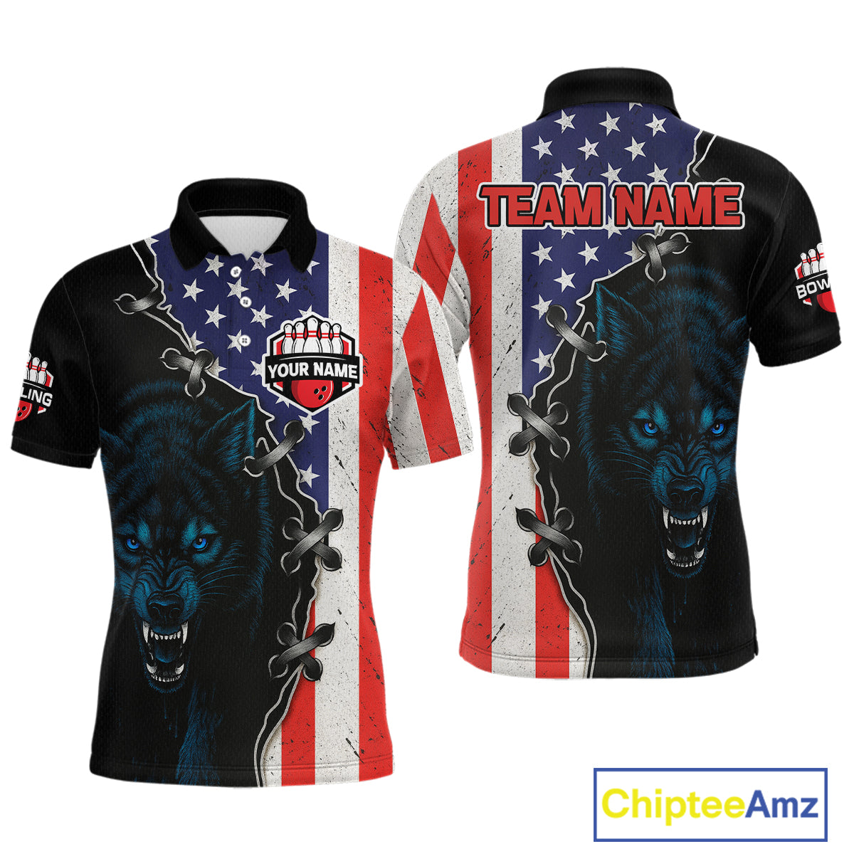 Patriotic Wolf Bowling Shirts for Team Wolf Bowling Jerseys American Flag