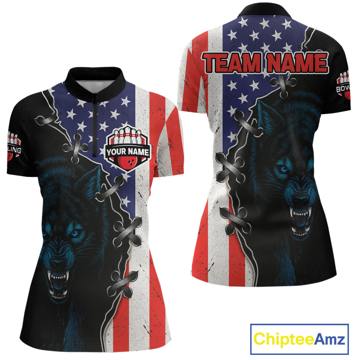 Patriotic Wolf Bowling Shirts for Team Wolf Bowling Jerseys American Flag