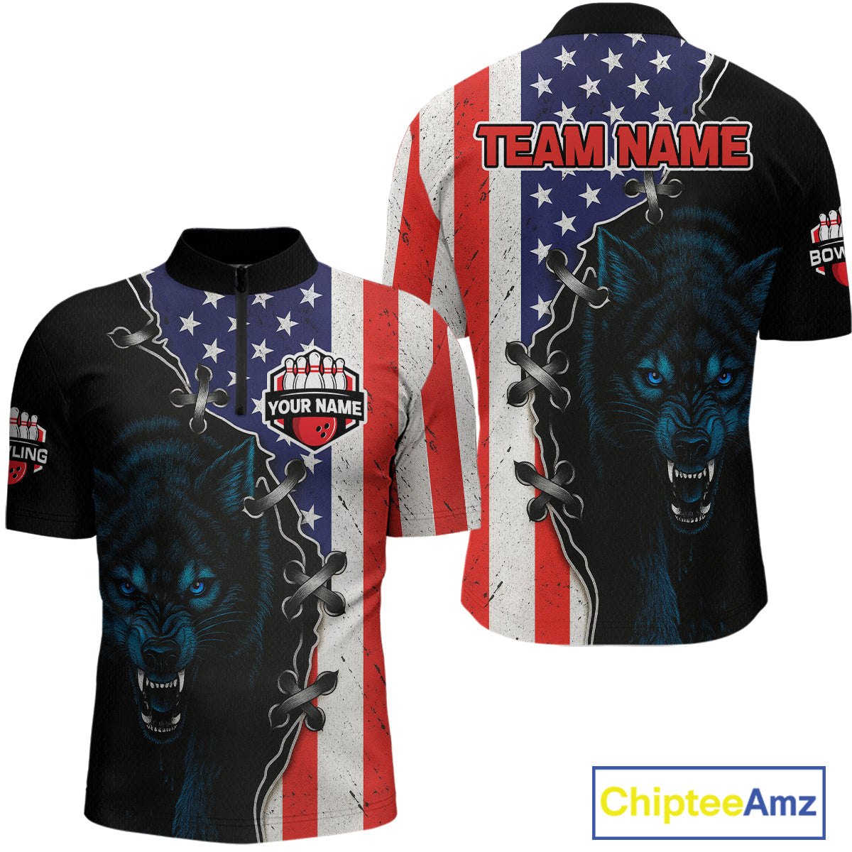 Patriotic Wolf Bowling Shirts for Team Wolf Bowling Jerseys American Flag