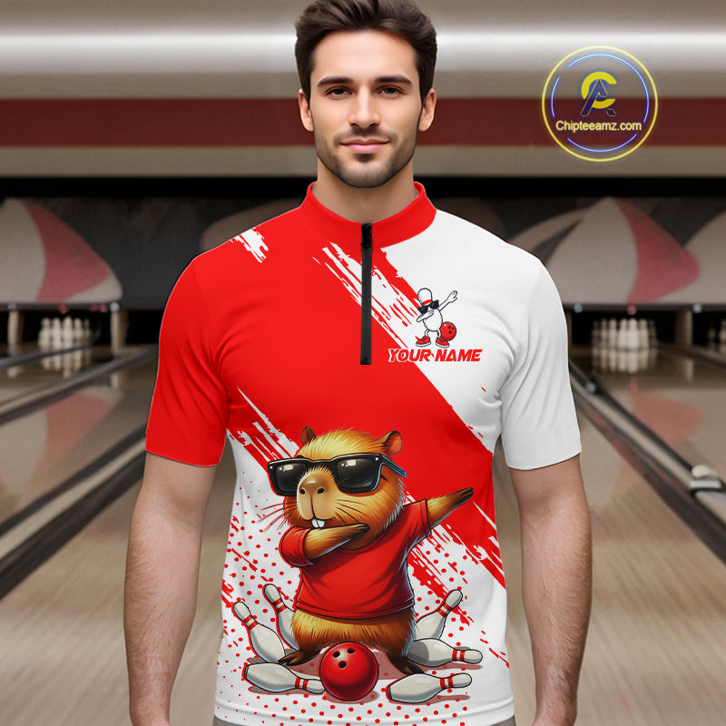 Funny Squirrel Bowling Shirts Team Bowling Jerseys Red Bowling Polo 1/4 Zip
