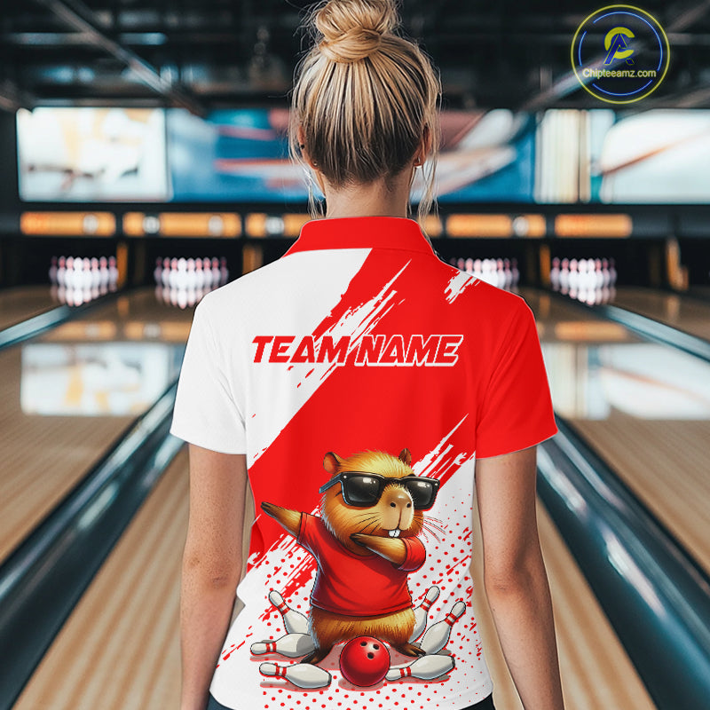 Funny Squirrel Bowling Shirts Team Bowling Jerseys Red Bowling Polo 1/4 Zip