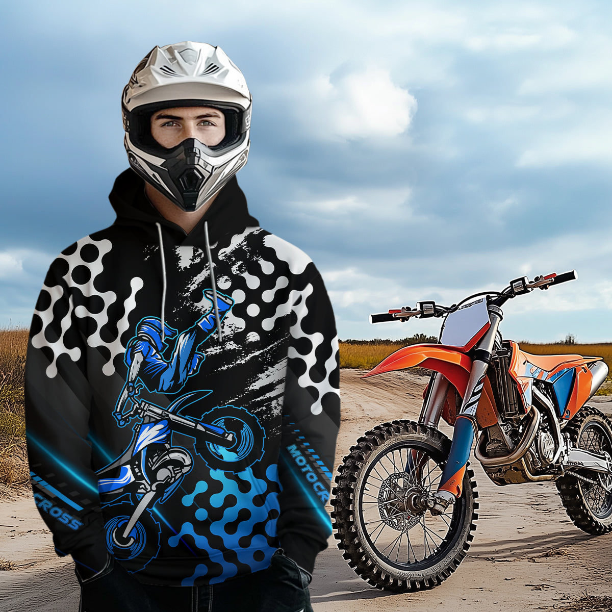 Custom Blue Motocross Hoodie Adult Dirt Bike Racing Hoodie Shirt