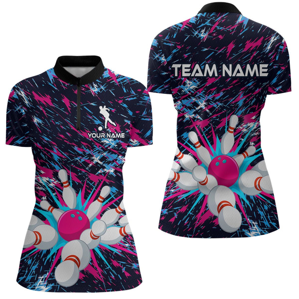Pink and Purple Bowling Shirts for Team Bowling Polo and 1/4 Zip Shirt