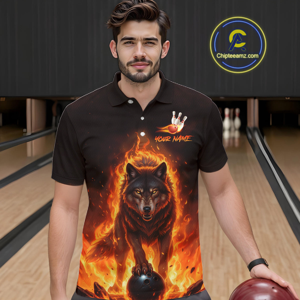 Flaming Wolf Bowling Shirts for Team Bowling Jersey Bowl Polo&1/4 Zip