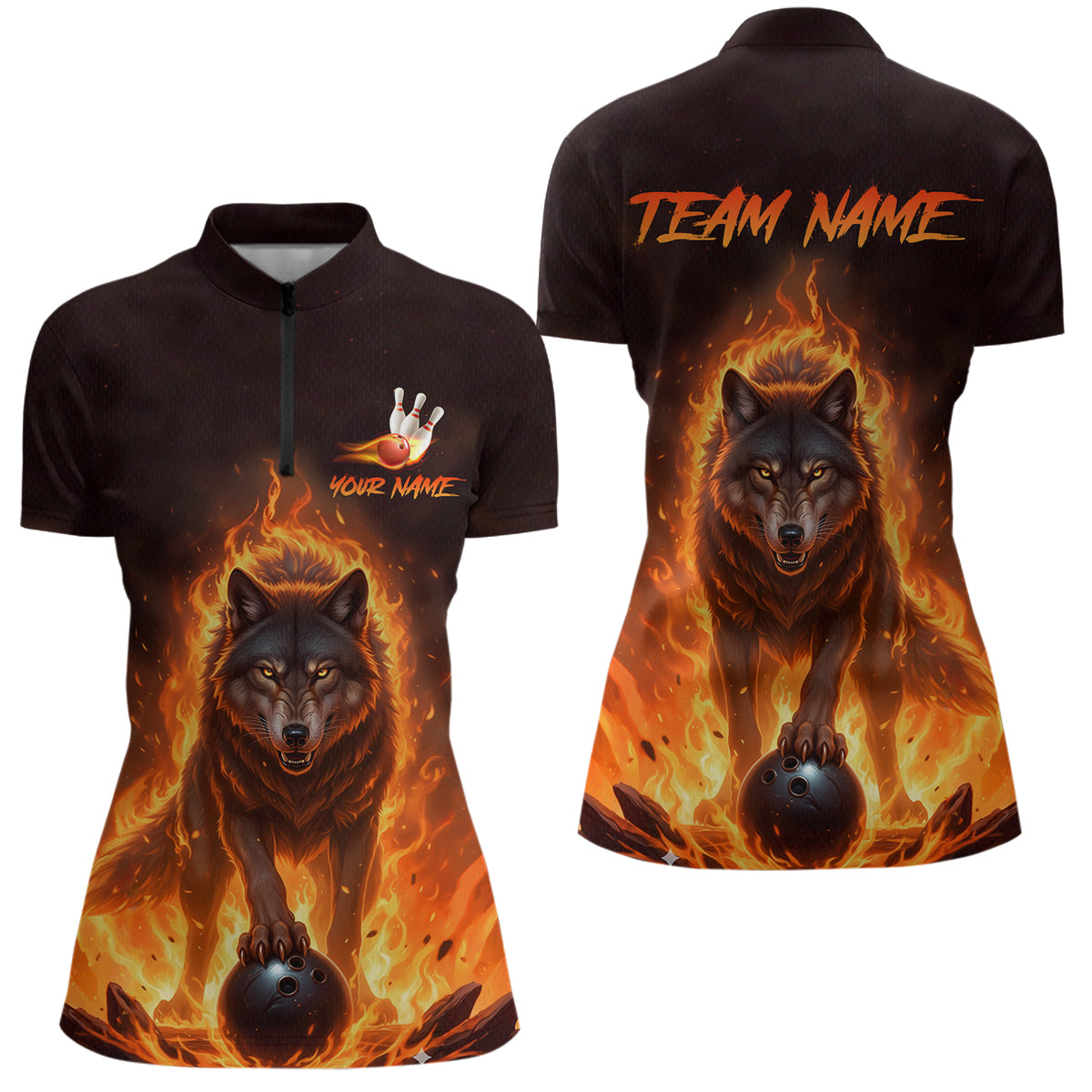 Flaming Wolf Bowling Shirts for Team Bowling Jersey Bowl Polo&1/4 Zip