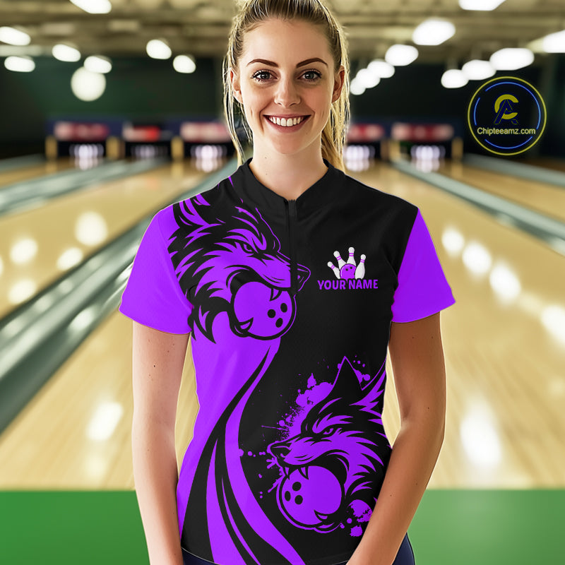 Purple Wolf Bowling Shirts for Team Custom Wolf Bowling Jerseys for Couples