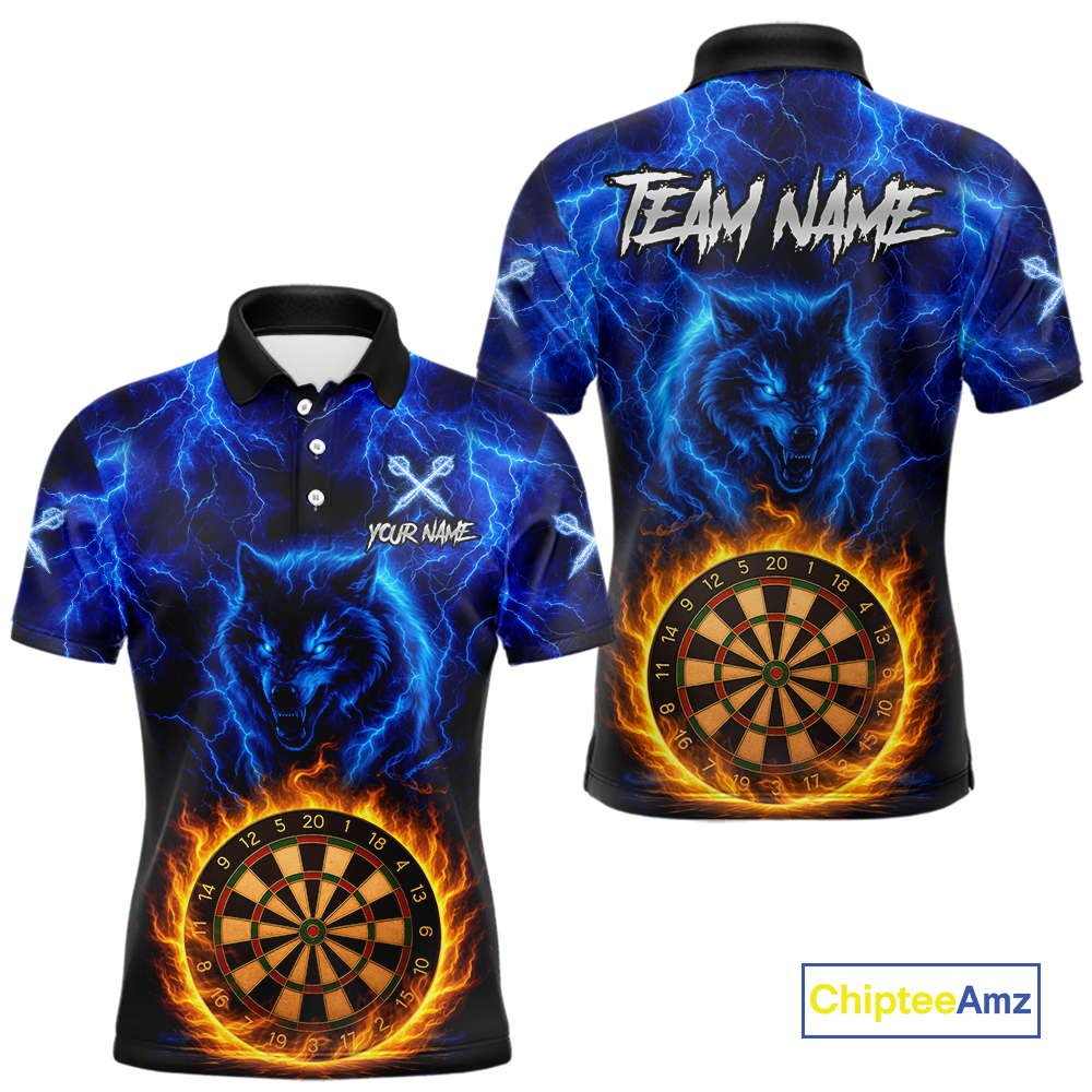 Custom Blue Wolf Flame Darts Shirt Darts Team Jerseys Dartboard Shirt Dart League