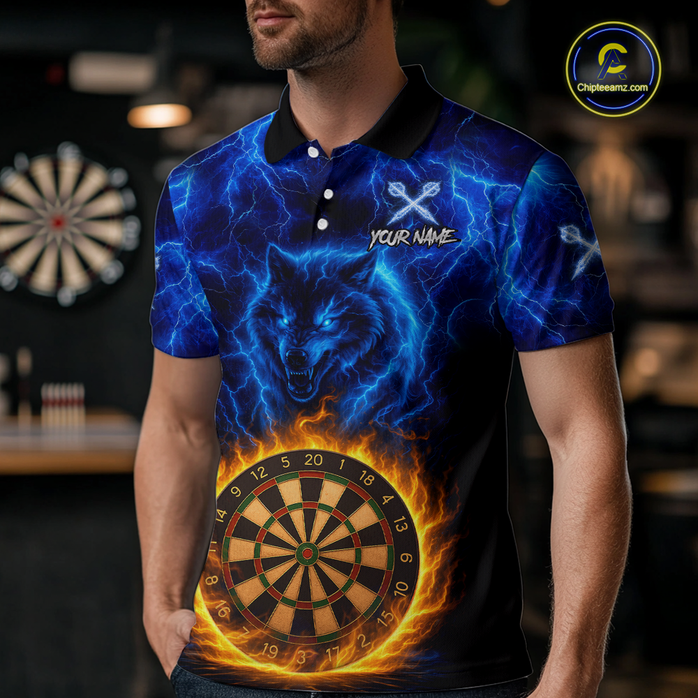 Custom Blue Wolf Flame Darts Shirt Darts Team Jerseys Dartboard Shirt Dart League