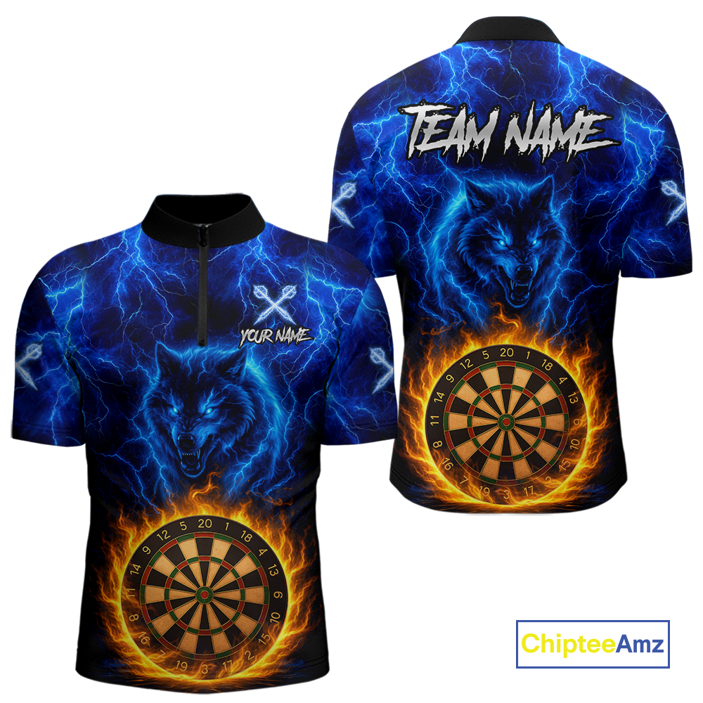 Custom Blue Wolf Flame Darts Shirt Darts Team Jerseys Dartboard Shirt Dart League