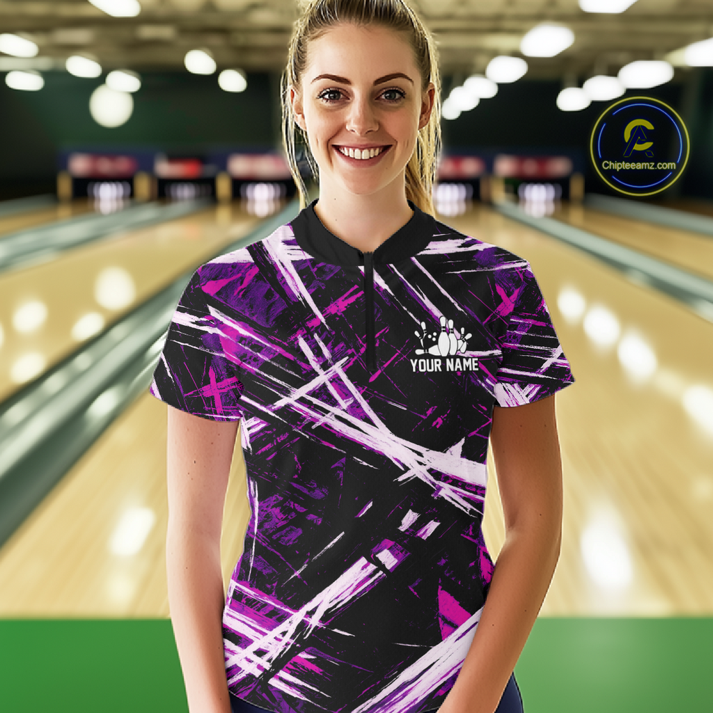 Custom Purple Bowling Shirts for Team Bowling Polo and 1/4 Zip Shirt
