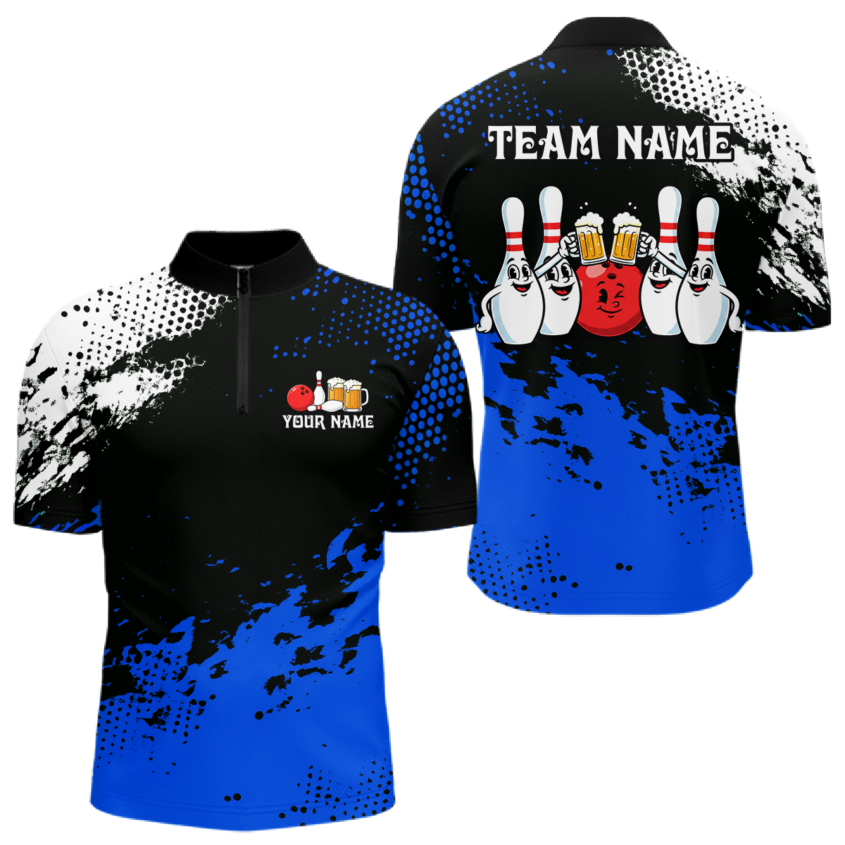 Blue Funny Beer Bowling Shirts for Team Bowling Polo&1/4 Zip Bowl League