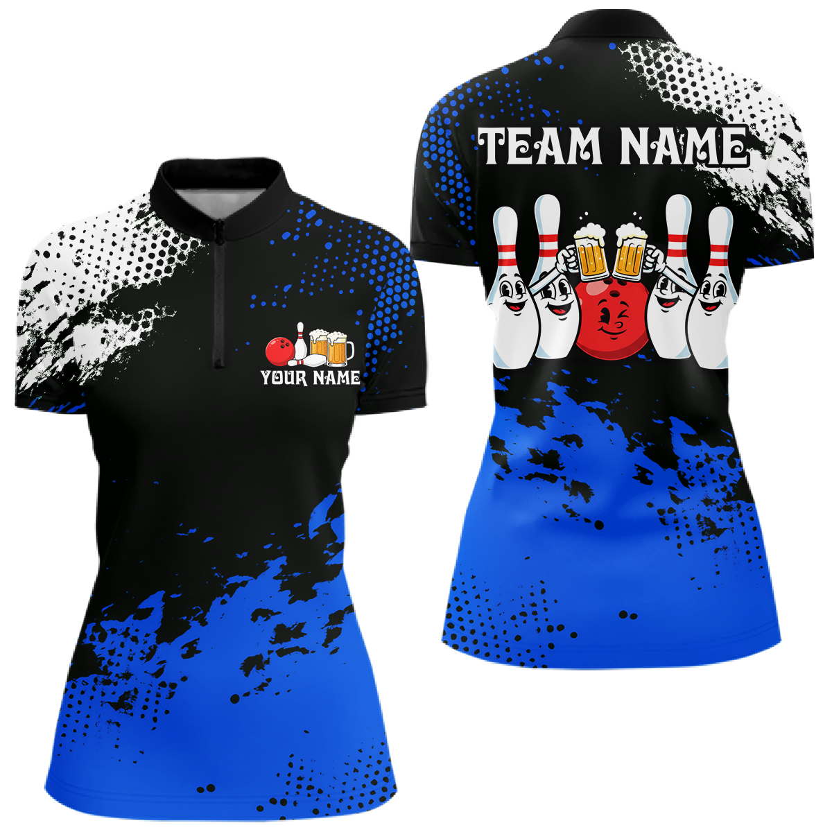 Blue Funny Beer Bowling Shirts for Team Bowling Polo&1/4 Zip Bowl League