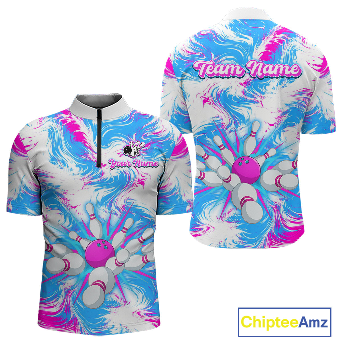 Pink and Blue Bowling Shirts for Team Bowling Polo and 1/4 Zip Shirt