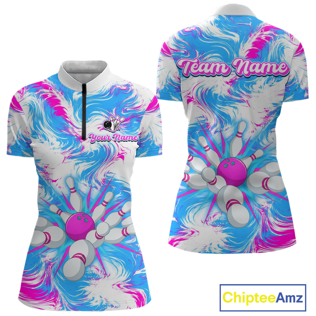 Pink and Blue Bowling Shirts for Team Bowling Polo and 1/4 Zip Shirt