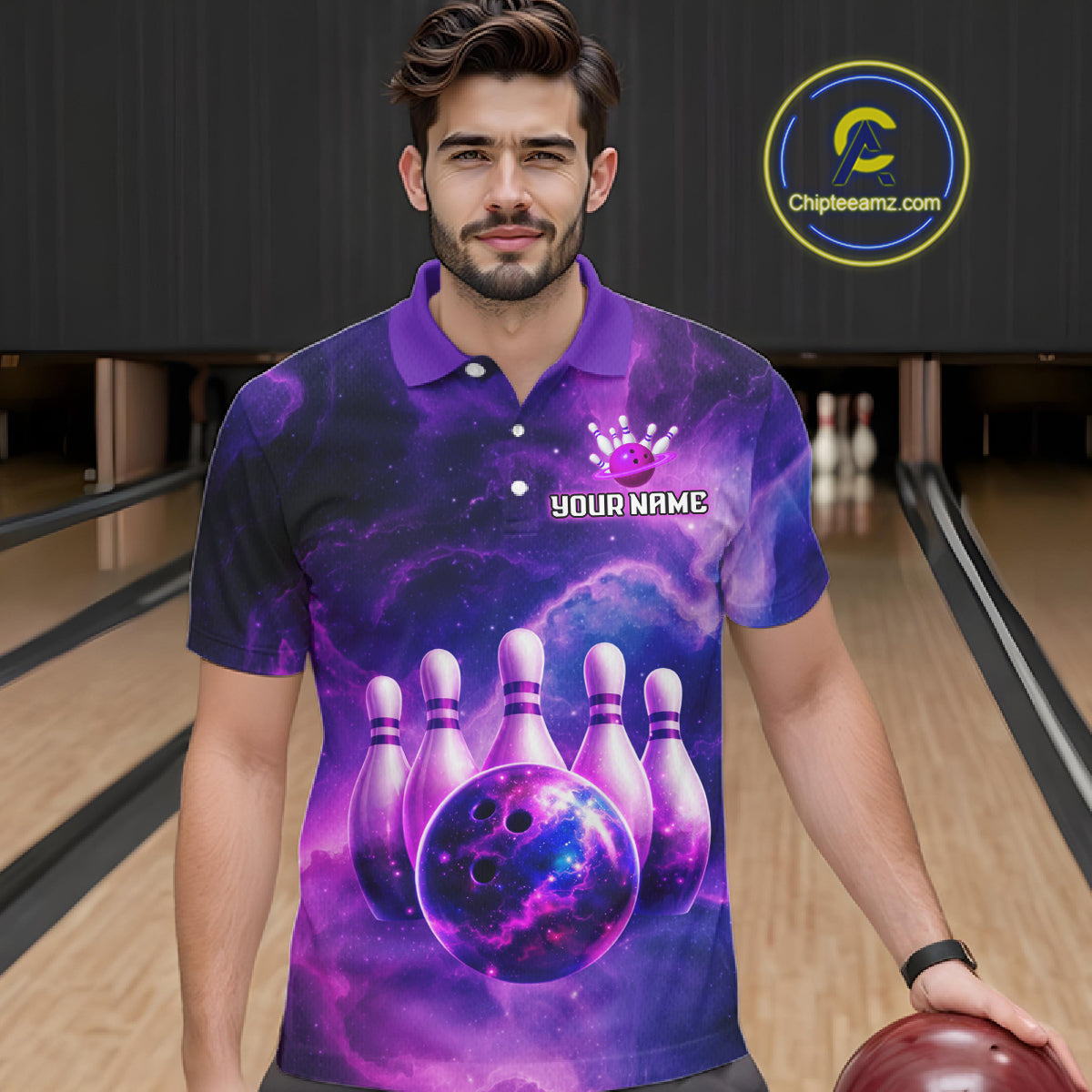 Galaxy Purple Bowling Shirts Yellow for Team Bowling Polo & 1/4 Zip Shirt